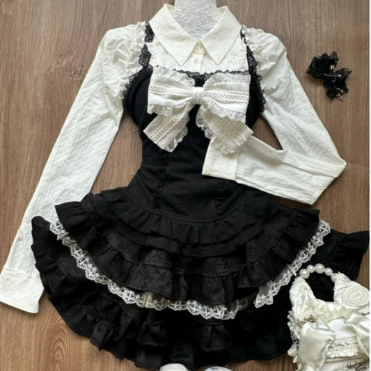 Y2k Aesthetic Lolita Style 3 Piece Set Women Kawaii White Shirt Bow