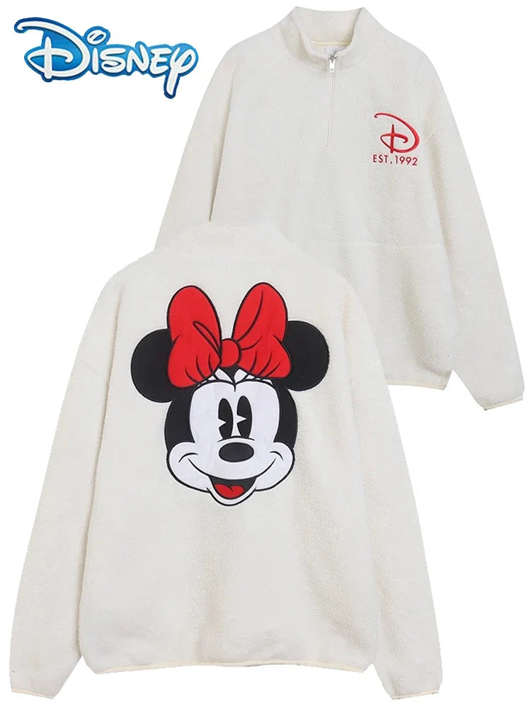 Disney Minnie Mouse Letter Print Embroidery Lamb's Wool Sweatshirt Women Long Sleeve Jacket Jumper Tops White Streetwear Female