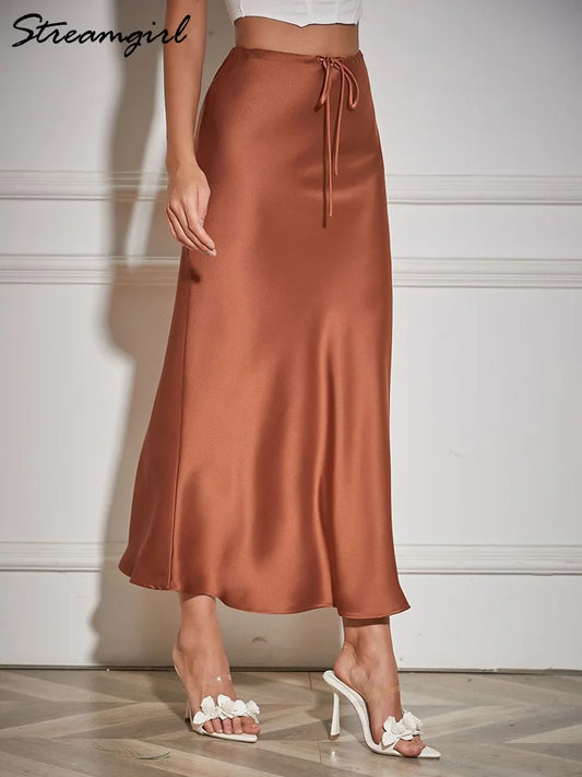 Streamgirl A Line Long Satin Skirts For Women Black 2024 Elegant High