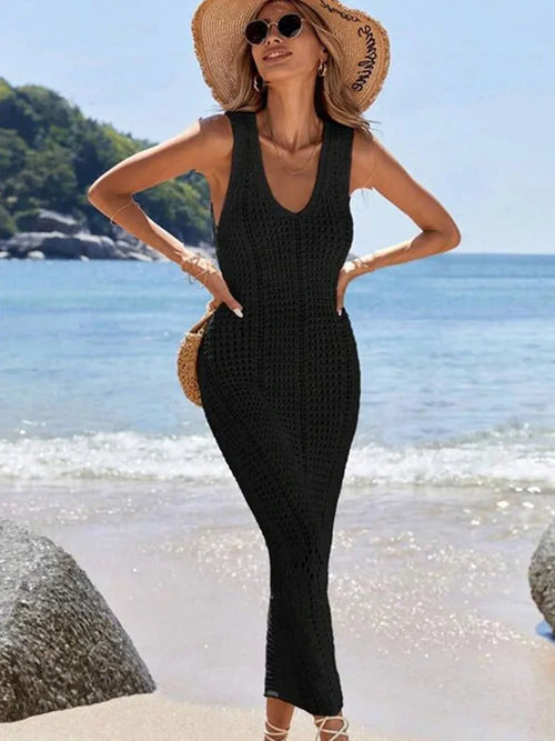 S - XL 2025 V Neck Hollow Out Crochet Knitted Tunic Beach Cover Up