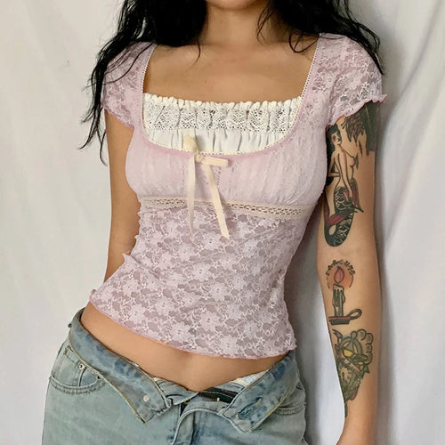 Korean Kawaii Patchwork Women T-shirt Y2K Aesthetic Vintage Milkmaid