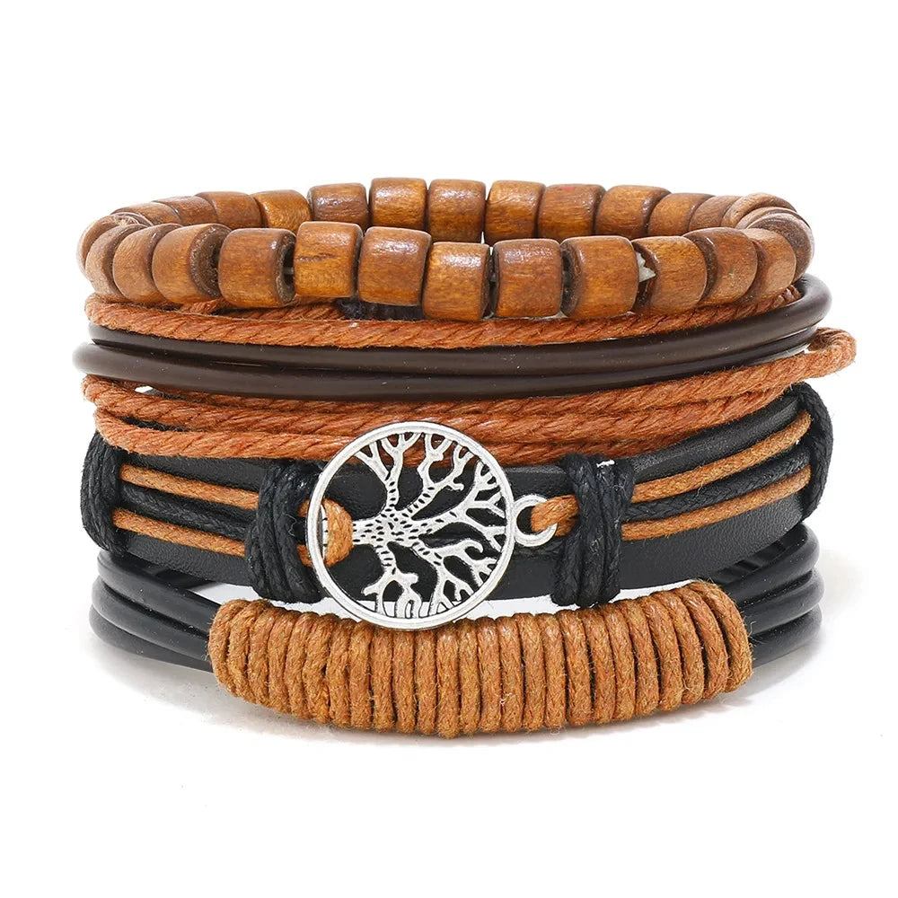 Bohemian Leather Bracelet Men Hand-woven Bracelet Men's Wooden Bead Bracelet Bracelet for Men Charm Bracelet Mens Jewellery