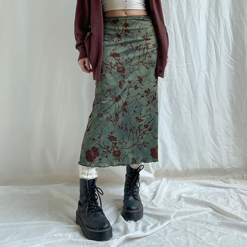CIBBAR Harajuku Floral Print Long Skirt Vintage Low Rise Straight Midi