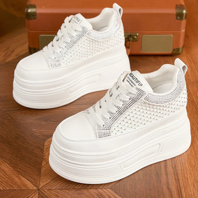 AUTUSPIN 9cm Platforms Chunky Sneakers for Women Leisure Shoes Summer Crystal Splicing Ladies Microfiber Leather Footwear Woman