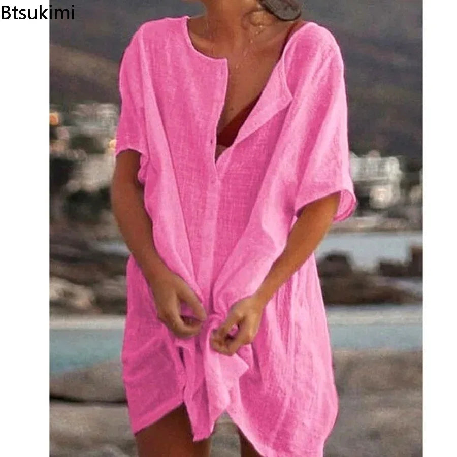 2024 Women's Cotton Linen Beach Dress Solid Summer Casual Cover-ups