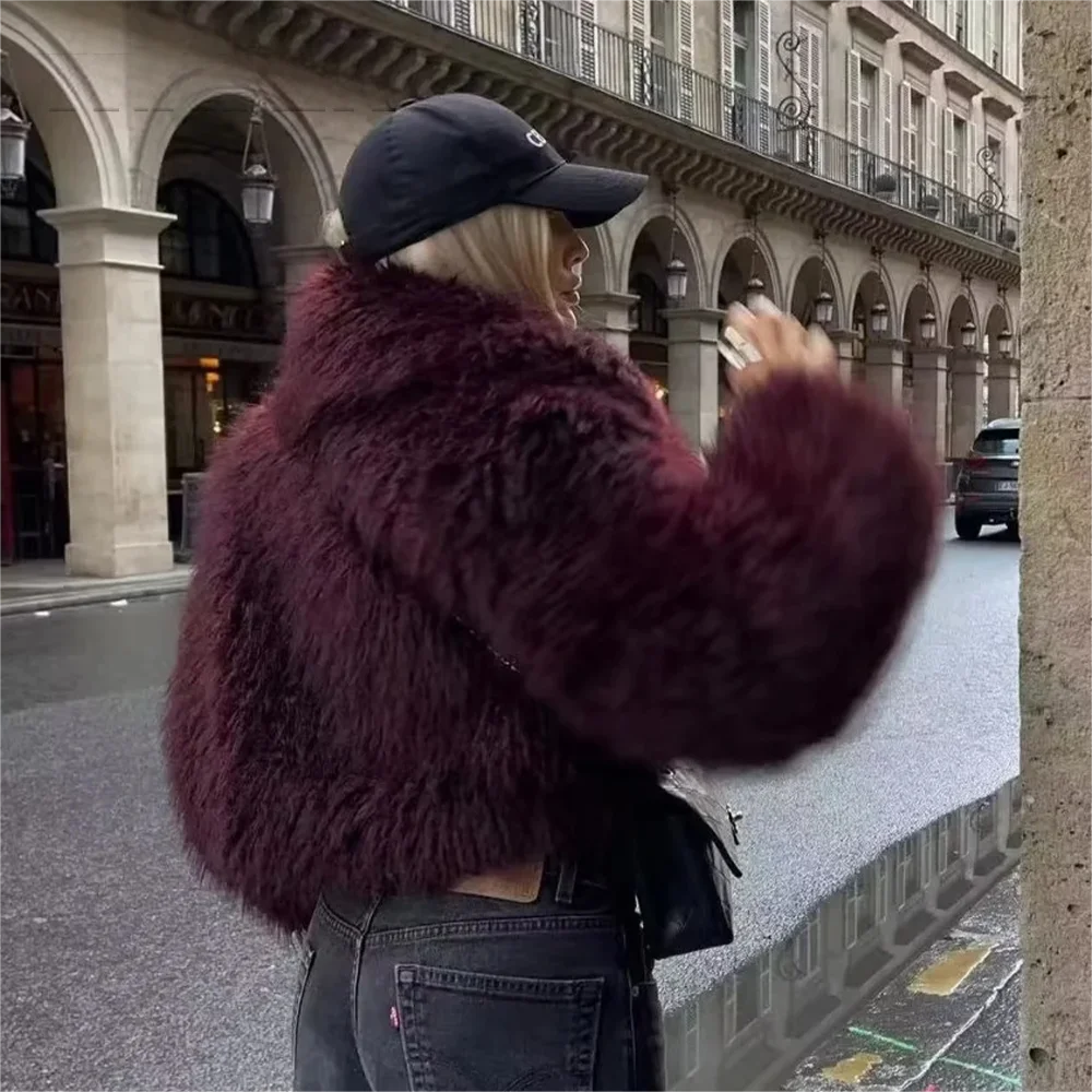 KONDALA 2025 Fall Winter Women Burgundy Casual Faux Fur Jackets Fashion Streetwear Turn Down Collar Warm Oversized Thick Coats