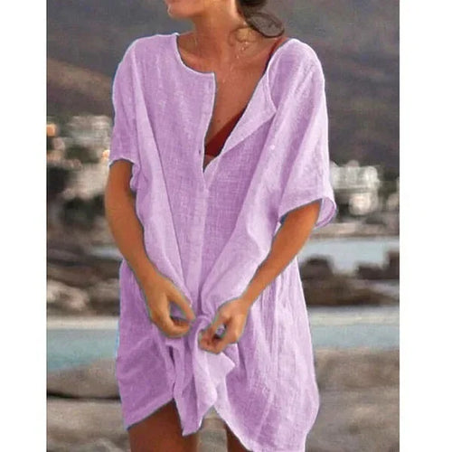 2024 Women's Cotton Linen Beach Dress Solid Summer Casual Cover-ups