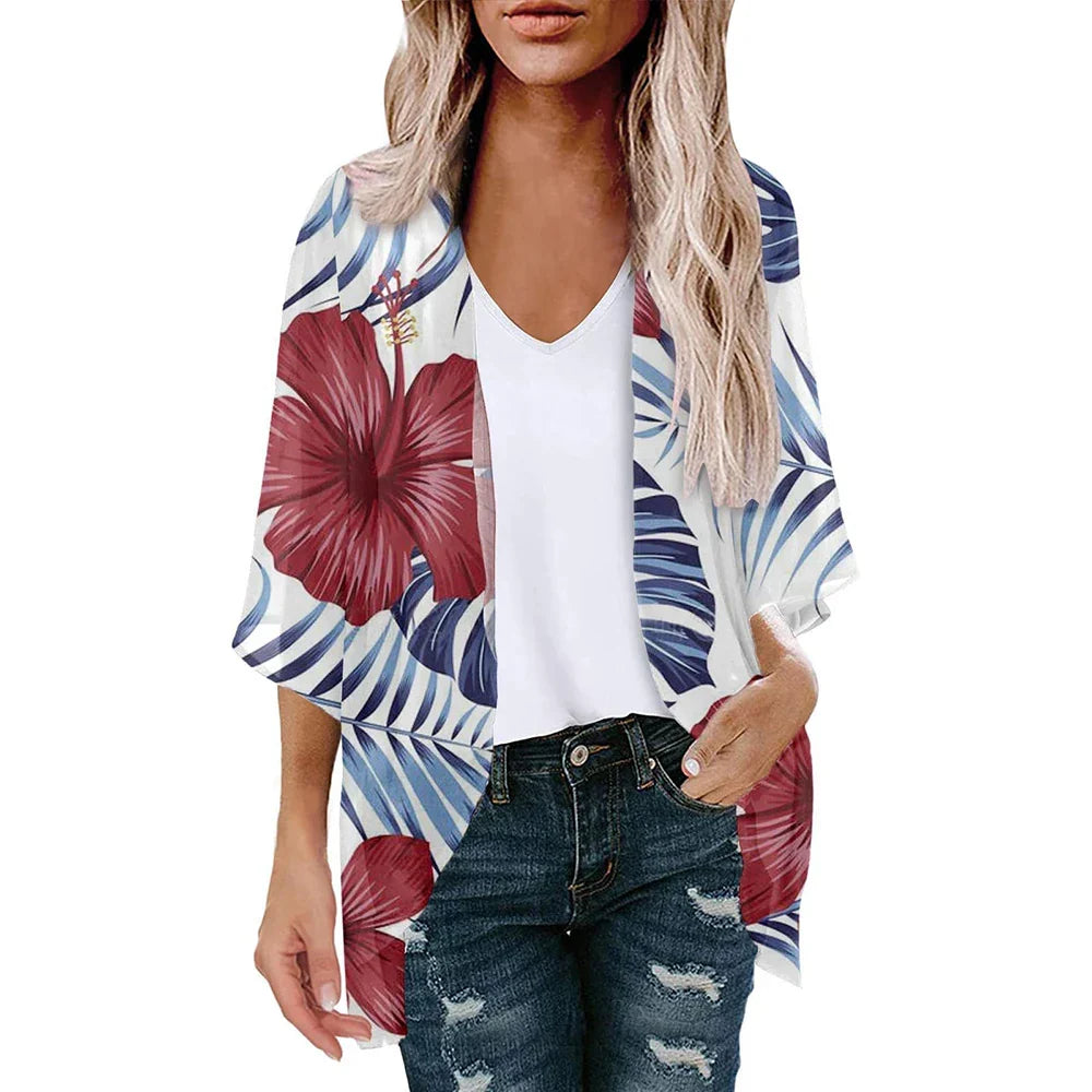 New Women Chiffon Blouse Kimono Tops Cardigan Leaves Print Beach Blouse Shawl Loose Hawaiian Outwear Swim Cover Up  Beach Wear
