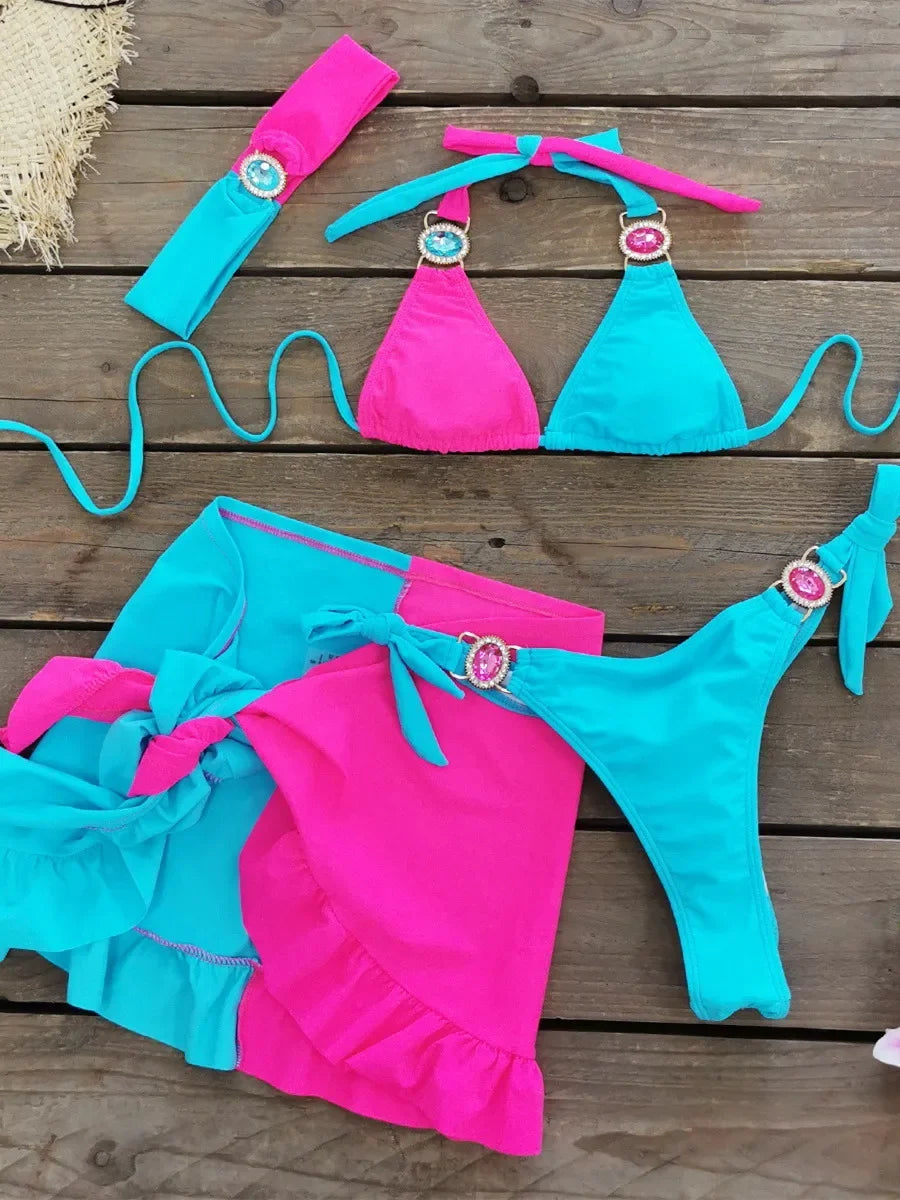 Sexy Skirt 4 Pieces Bikini Set Women Luxury Blue Patchwork Rhinestone Push Up Cover Up Swimsuit 2024 Beach Bathing Suit Swimwear