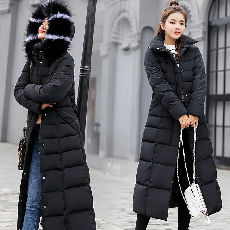 2025 Winter Women's Jacket Warm Fashion Comfortable Bow Belt Fox Fur Collar Clothes Long Dress Office Casual Women's Thick Coat