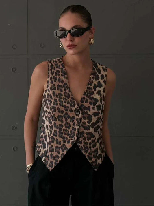 Women's Vest 2024 Fashion Leopard Summer V-Neck Single-breasted Vest