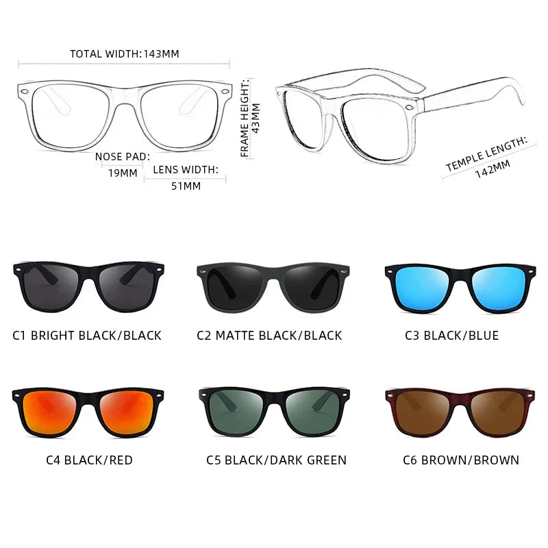 Classic Square Polarized Sunglasses Men Women Retro Black Sun Glasses
