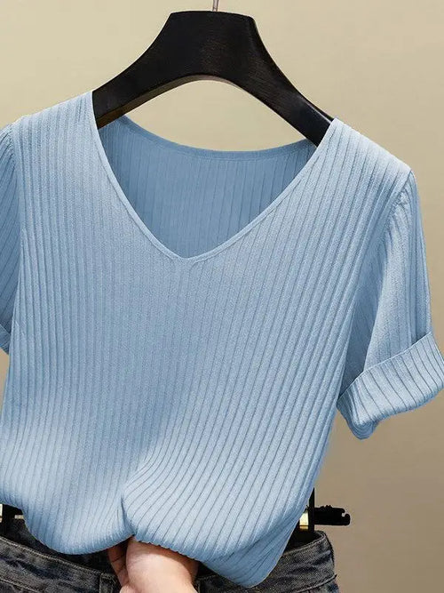 Knitted short sleeve Women V-Neck T Shirts 2024 Blue Slim Black thin