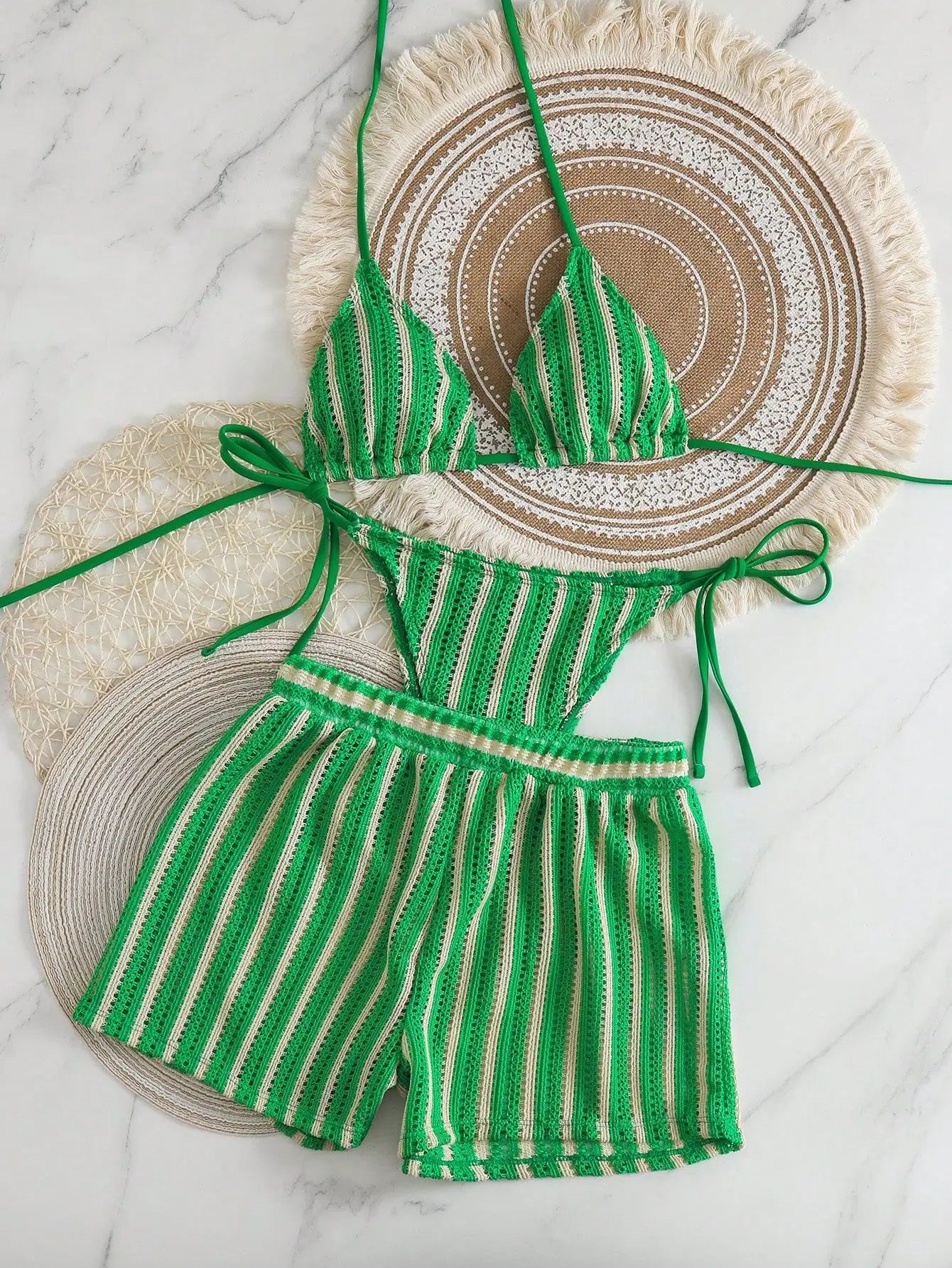 New 3 Piece Vacation Swimsuit Set - Sexy Mesh Tie-Up Bikini with High Cut Bottoms for Women Multi-Color Beachwear