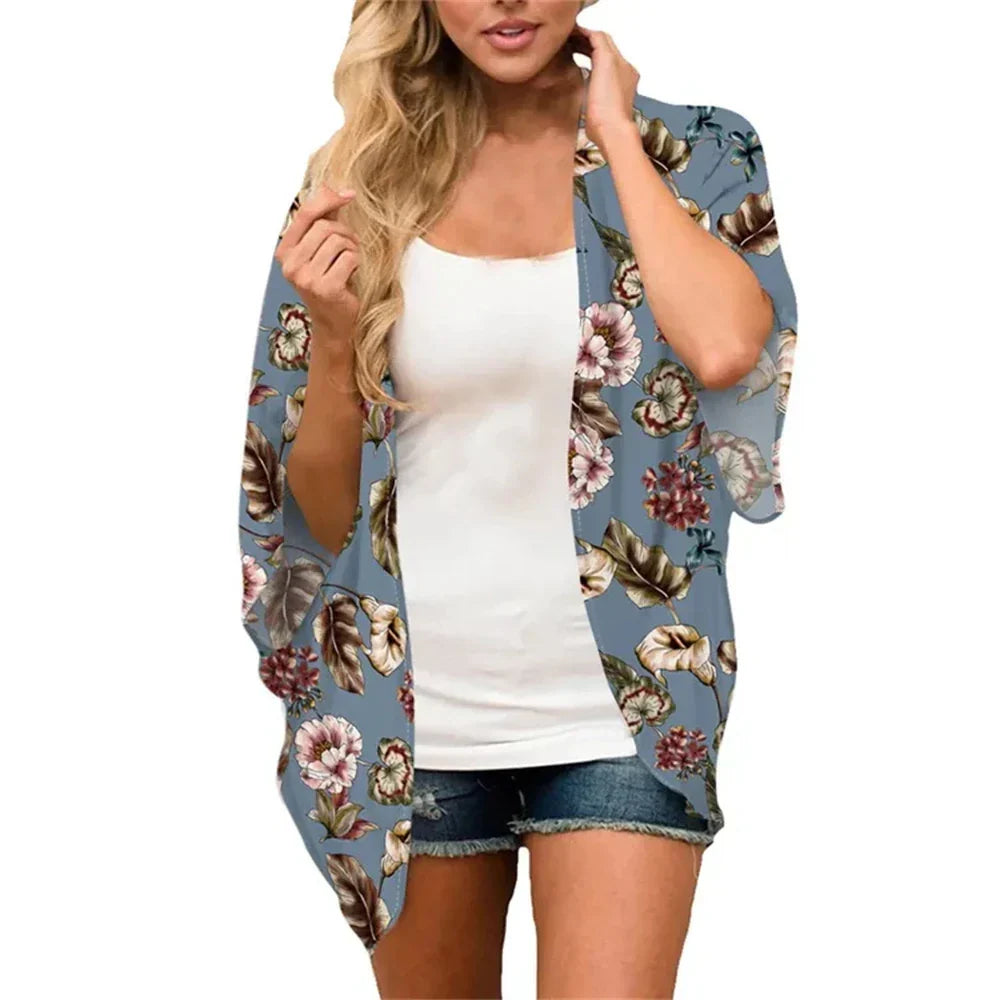 Women'S Swimwear 2023 Cardigans For Women Clearance Fashion Womens Middle Short Sleeve Print Chiffon Cardigan Beach Loose Tops
