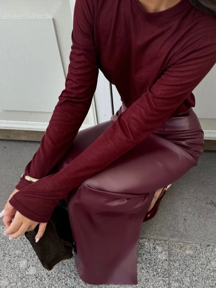 Trendix Women Elegant Burgundy Skirt High Waist Slim Fashion Slit Long