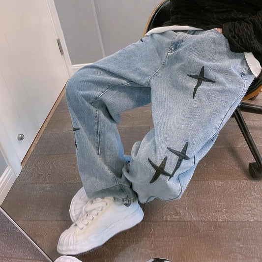 Prints Jeans Men 2023 New Streetwear Baggy Wide Leg Jeans Korean