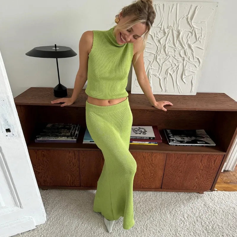 Tuularose Elegant Long Skirt Two-piece Set Women's Sleeveless Knitted