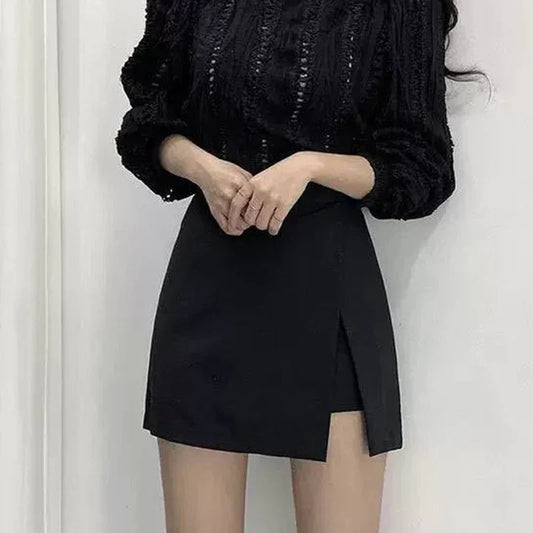 Black Mini Skirts Women Irregular Side Slits High Waist A Line Shorts