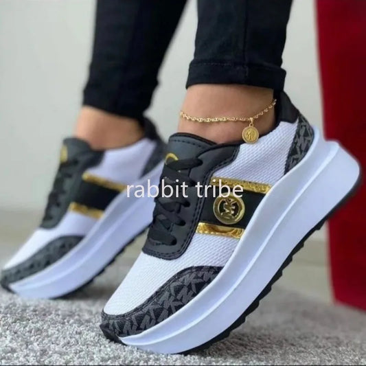 New Women's Casual Shoes Lightweight Color Blocked Womens Vulcanized Shoes Lace Up Flat Bottomed Women's Shoes Thick Soled Shoes