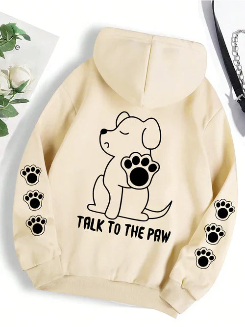 Talk To The Paw Funny Dog Cartoon Print Hoodie Women Warm Fleece Hoody