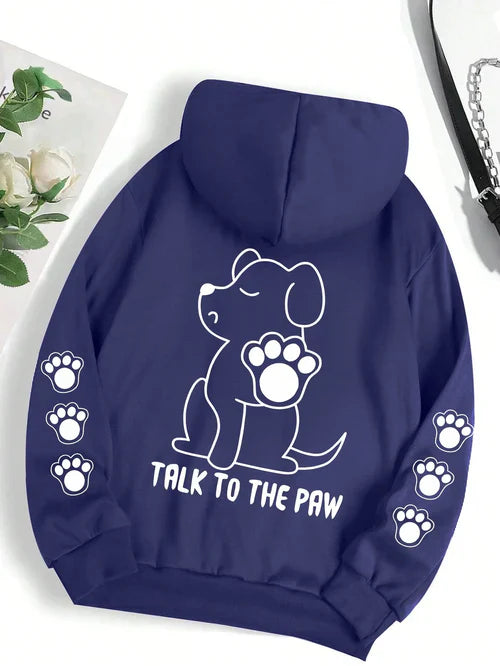 Talk To The Paw Funny Dog Cartoon Print Hoodie Women Warm Fleece Hoody