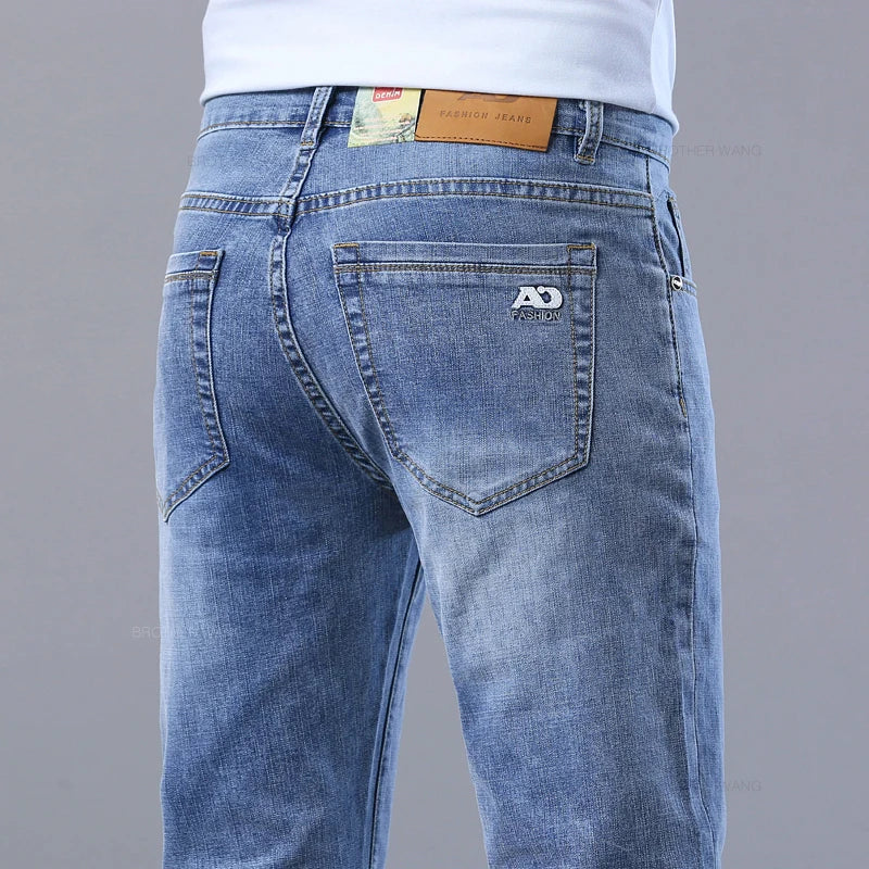Spring Men's Light Blue Slim Jeans Stylish Casual Stretch Fabric Denim