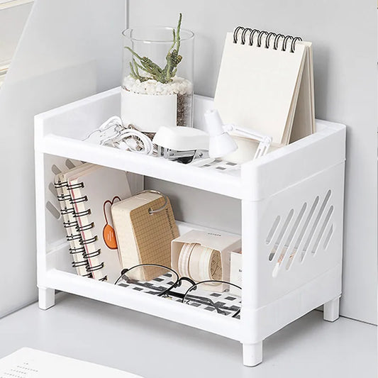 1PC PP Desktop Double Layer Storage Rack Rectangular White Organizing