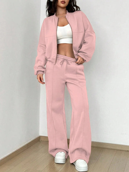 Grey Bomber Jacket Pant Women 2 Pieces Set Casual Long Sleeve Zipper