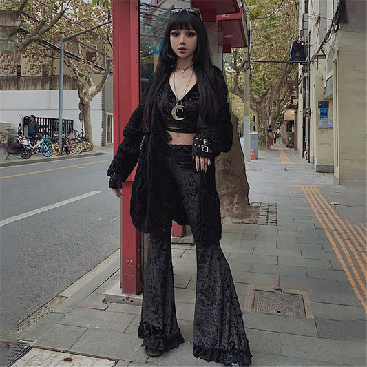 Sexy Fashion Patchwork Lace Solid Flare Pants Women Gothic Dark High