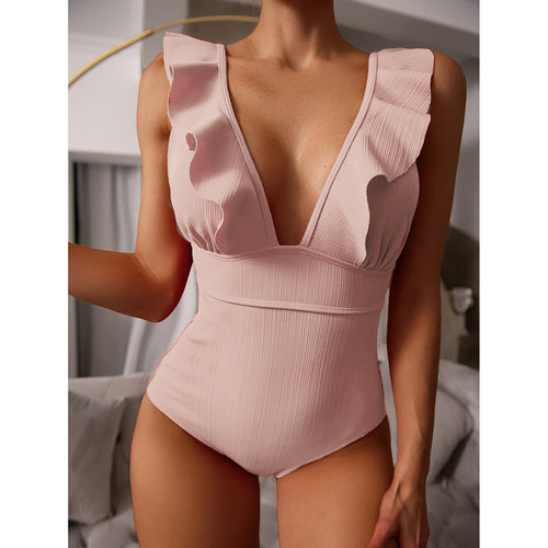 Sexy Ruffle Swimwear Women`s 2022 Deep V One Piece Swimsuit Female