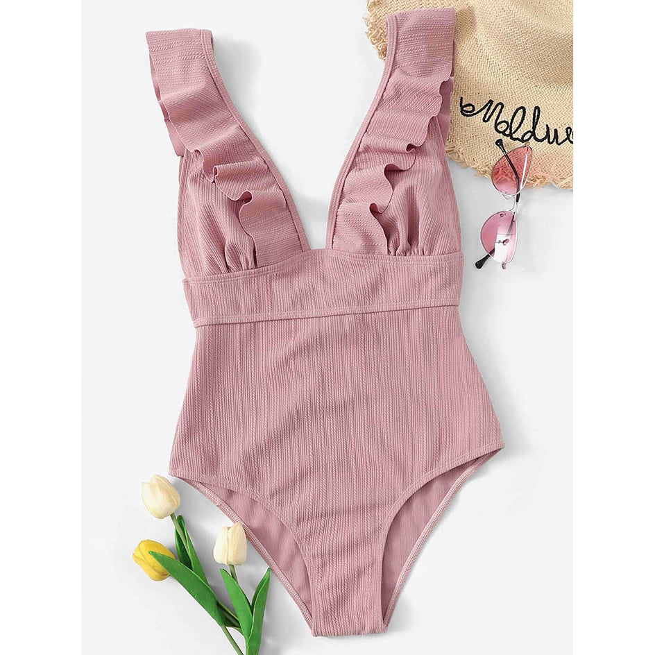 Sexy Ruffle Swimwear Women`s 2022 Deep V One Piece Swimsuit Female