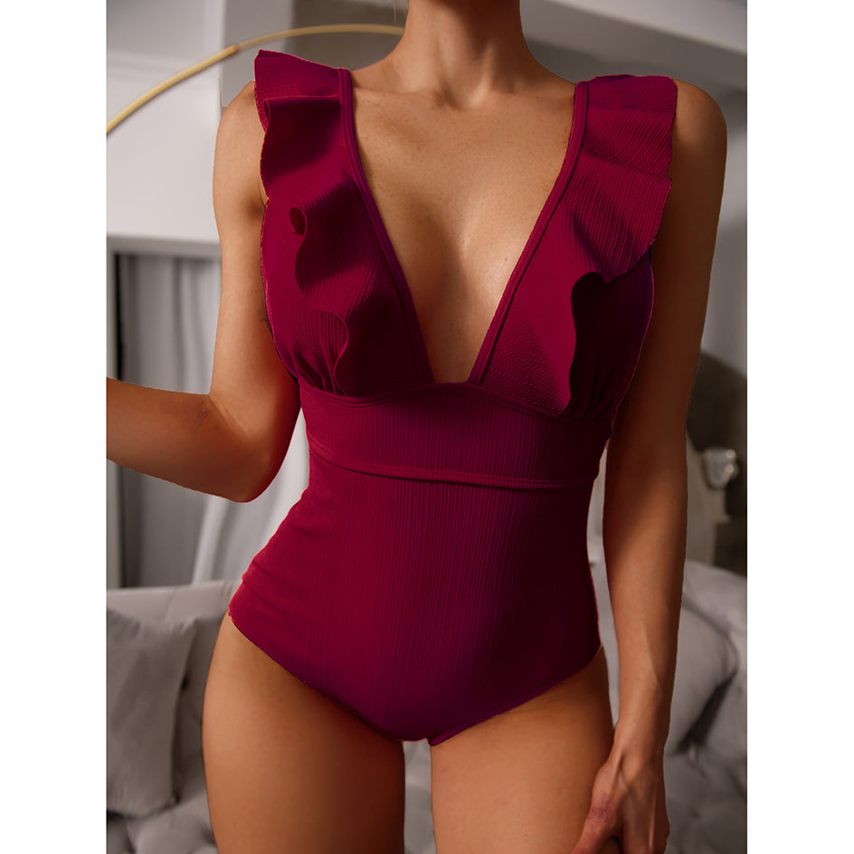 Sexy Ruffle Swimwear Women`s 2022 Deep V One Piece Swimsuit Female