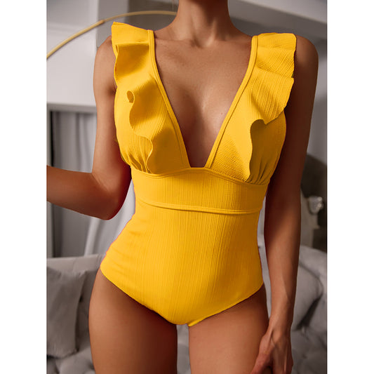 Sexy Ruffle Swimwear Women`s 2022 Deep V One Piece Swimsuit Female