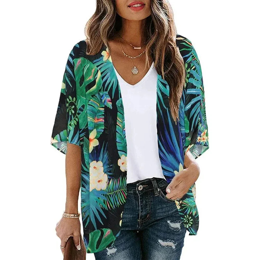 Women'S Swimwear 2023 Cardigans For Women Clearance Fashion Womens Middle Short Sleeve Print Chiffon Cardigan Beach Loose Tops