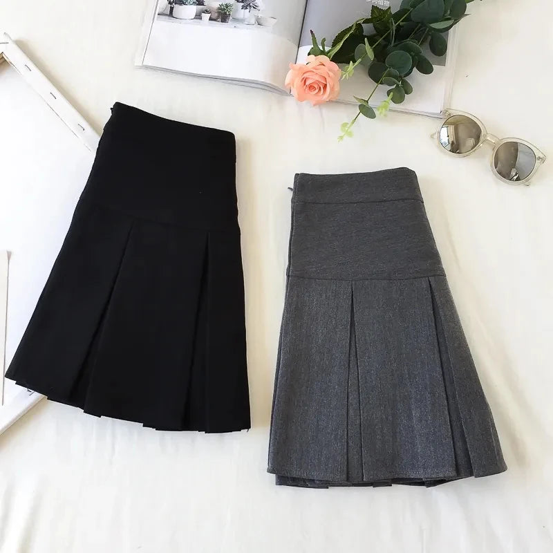 Fashion A Line Women Pleated Skirt High Waist Zipper Grey Student Mini