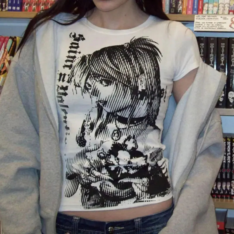 Y2k anime Streetwear O-neck 90s Text Printing Tops Women Harajuku