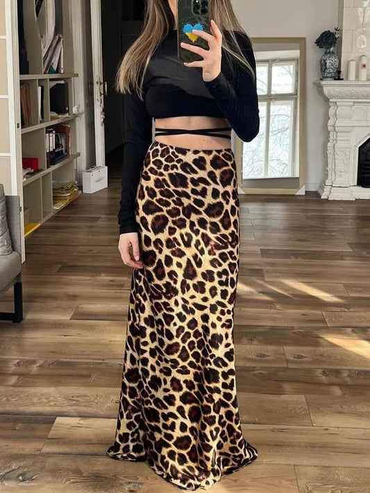 ASDS 2024 Vintage Women's Leopard Print Satin Skirt Female Summer High
