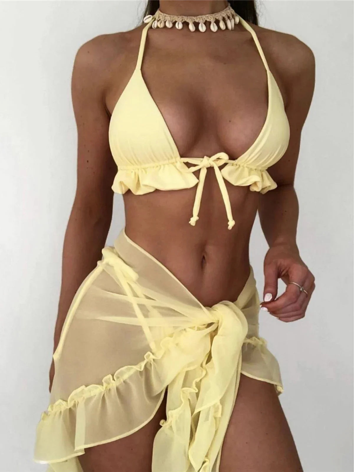New With Sarong Halter Ruffled Bikini Women Swimwear Female Swimsuit Three-pieces Bikini set Bather Bathing Suit Swim Lady V4144