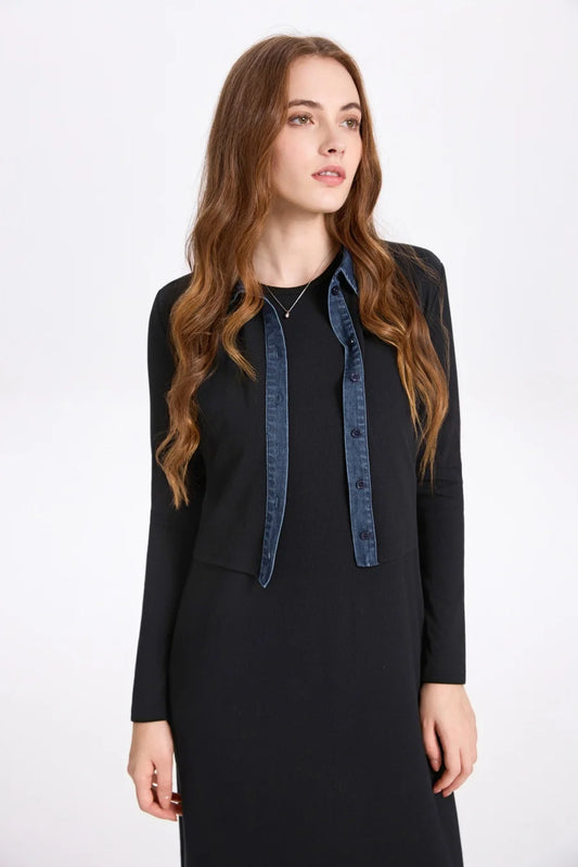 AS AW25 new design ribbing cardigan with denim collar + sleeveless maxi dress matching set for woman clothes