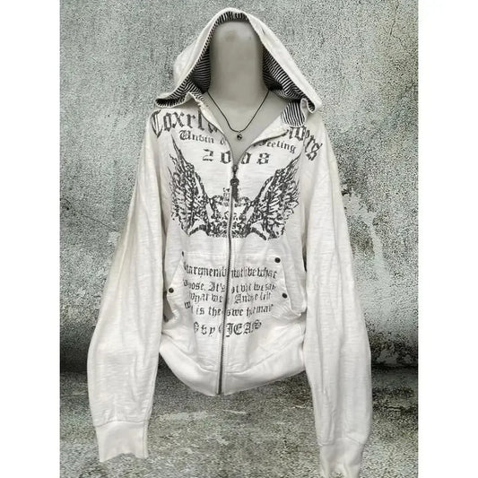 Vintage Sweatshirts 2024 Women's Clothes White Print Tunic Hooded Y2k