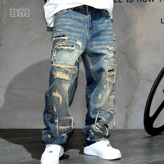 Mens Ripped Baggy Jeans Distressed Denim Streetwear Skateboard Pants
