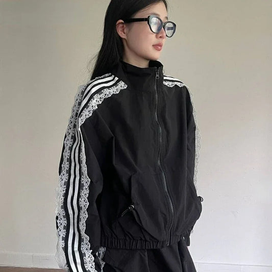 Lace Patchwork Striped Sun Protection Jacket for Women 2025 New Korean