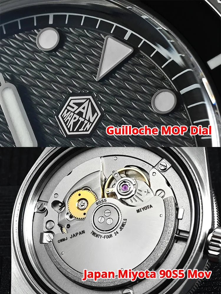 San Martin Official 39mm Guilloche MOP Dial Miyota 90S5 Sport Watch Automatic Mechanical Sapphire Bezel 20 ATM Luminous SN0151