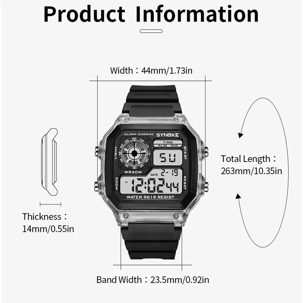 SYNOKE Wrist Watch For Men Digital Sports Waterproof Watch Transparent Multifunction Chronograph Alarm Backlight reloj hombre