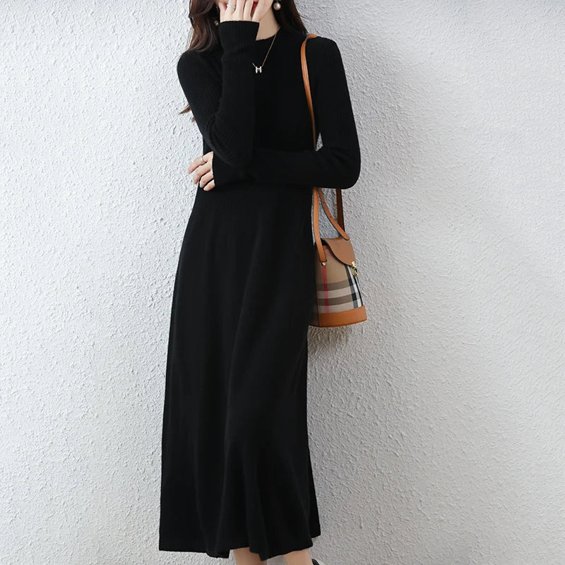Sweater skirt women's long high-end 100% pure cashmere autumn and winter waist bottoming shirt knitted dress