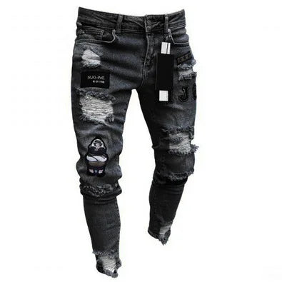 Punk Plus Size Pants Men Skinny Ripped Hole Patchwork Jeans Slim