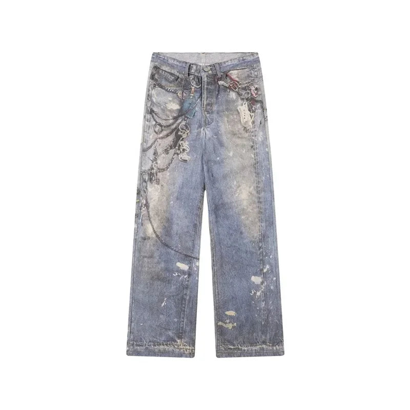 New 3D Chain Printed Baggy Jeans For Men And Women Casual Baggy