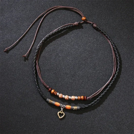 Men's Necklace Vintage Antique Color Heart Leather Necklace for Women