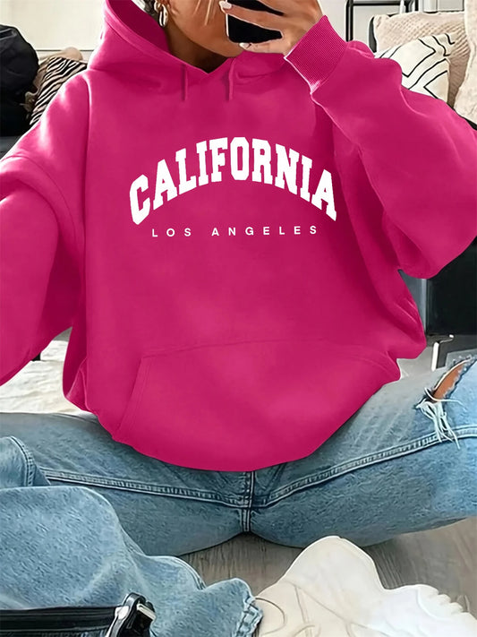 Women's autumn and winter warm and loose casual California Los Angeles pattern printed suede long sleeved hooded sweatshirt